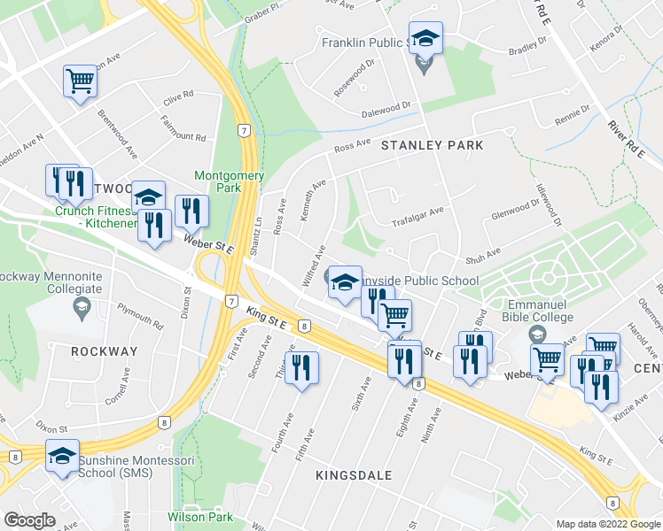 map of restaurants, bars, coffee shops, grocery stores, and more near 361 Prospect Avenue in Kitchener