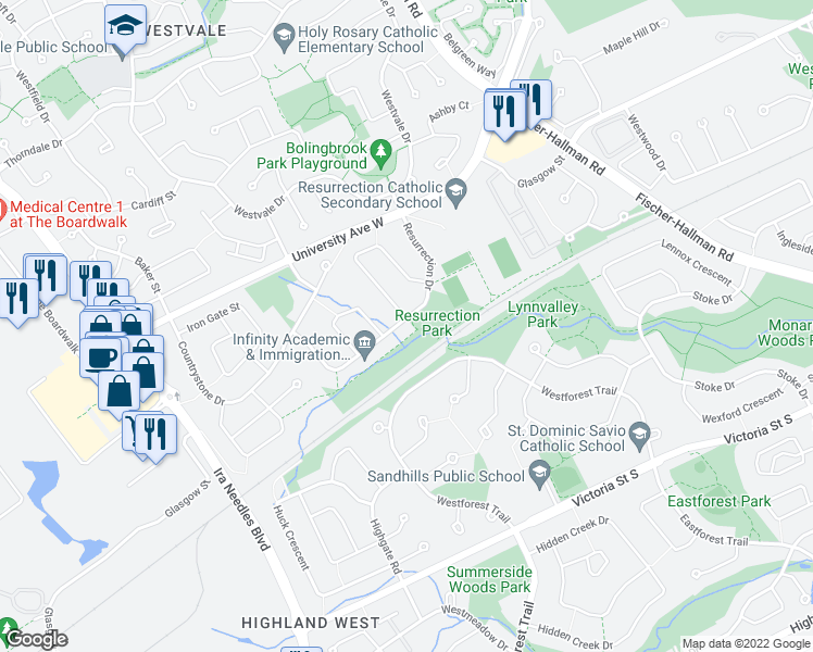 map of restaurants, bars, coffee shops, grocery stores, and more near 95 Resurrection Drive in Kitchener