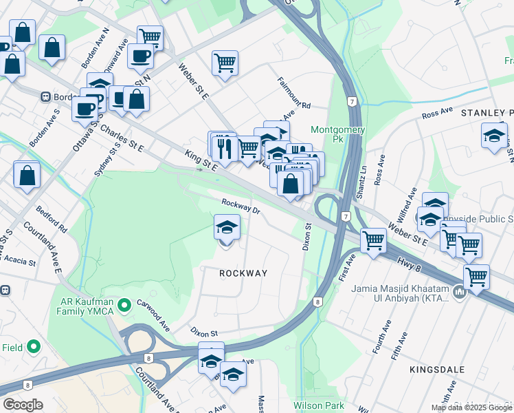 map of restaurants, bars, coffee shops, grocery stores, and more near 760 Rockway Drive in Kitchener