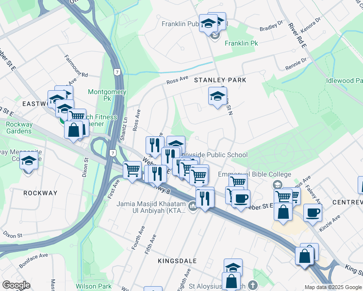 map of restaurants, bars, coffee shops, grocery stores, and more near 402 Prospect Avenue in Kitchener