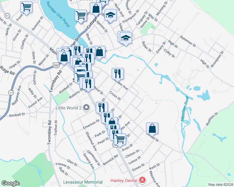 map of restaurants, bars, coffee shops, grocery stores, and more near 12 Cross Street in Sanford