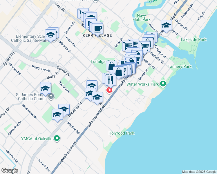 map of restaurants, bars, coffee shops, grocery stores, and more near 123 Maurice Drive in Oakville