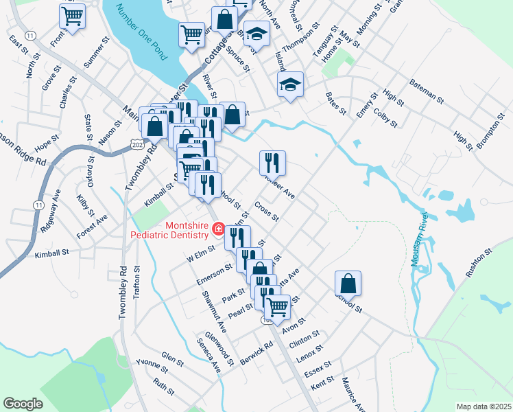map of restaurants, bars, coffee shops, grocery stores, and more near 46 School Street in Sanford