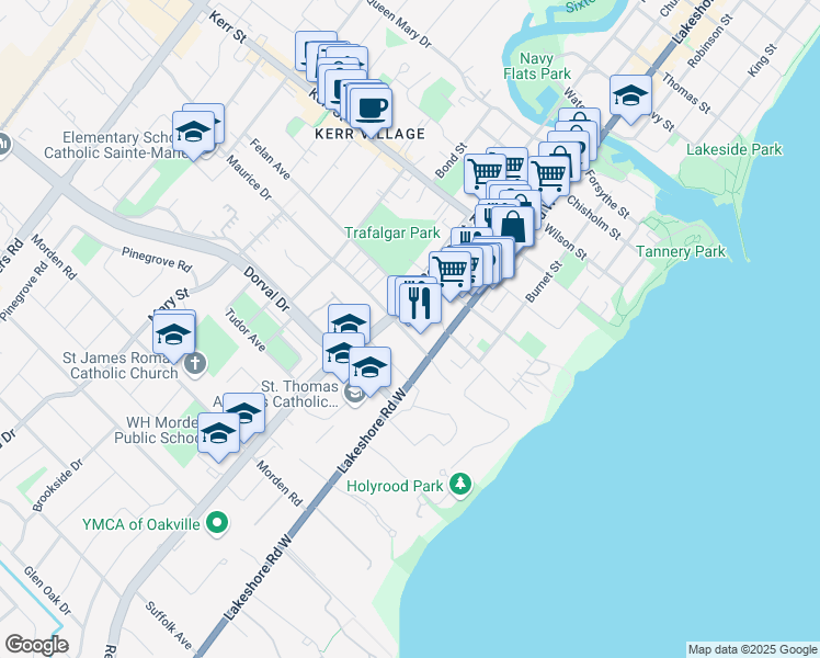 map of restaurants, bars, coffee shops, grocery stores, and more near in Oakville