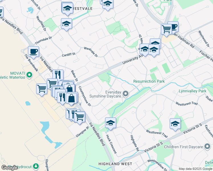 map of restaurants, bars, coffee shops, grocery stores, and more near 147 Iron Gate Street in Kitchener