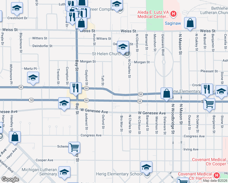 map of restaurants, bars, coffee shops, grocery stores, and more near 2114 North Carolina Street in Saginaw
