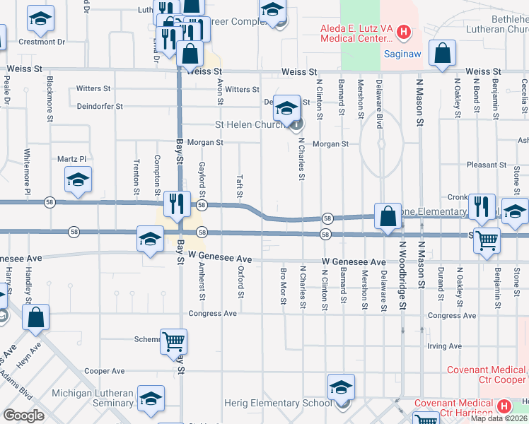 map of restaurants, bars, coffee shops, grocery stores, and more near 2138 North Carolina Street in Saginaw