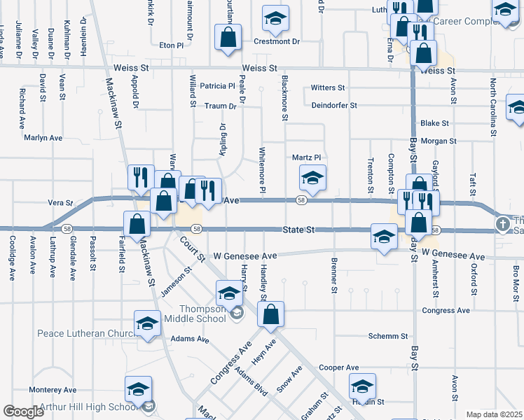 map of restaurants, bars, coffee shops, grocery stores, and more near 3144 State Street in Saginaw