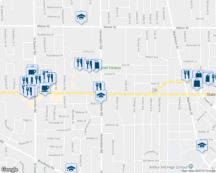 map of restaurants, bars, coffee shops, grocery stores, and more near 4480 State Street in Saginaw