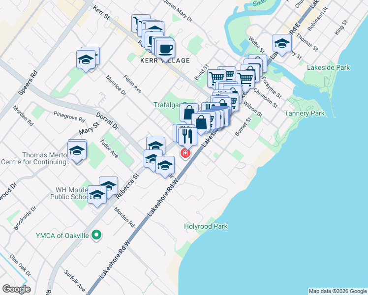 map of restaurants, bars, coffee shops, grocery stores, and more near 123 Maurice Drive in Oakville