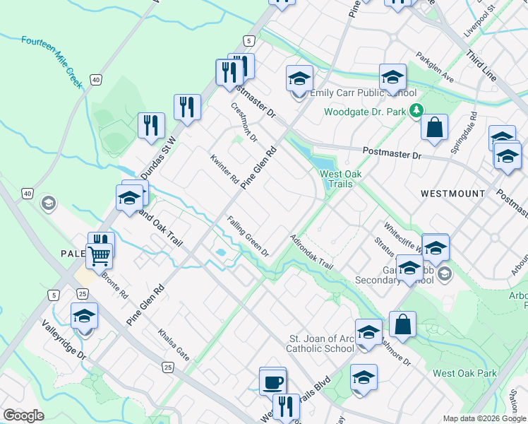 map of restaurants, bars, coffee shops, grocery stores, and more near 2195 Kwinter Road in Oakville