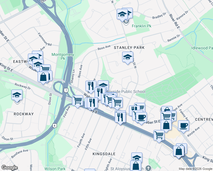 map of restaurants, bars, coffee shops, grocery stores, and more near 402 Prospect Avenue in Kitchener