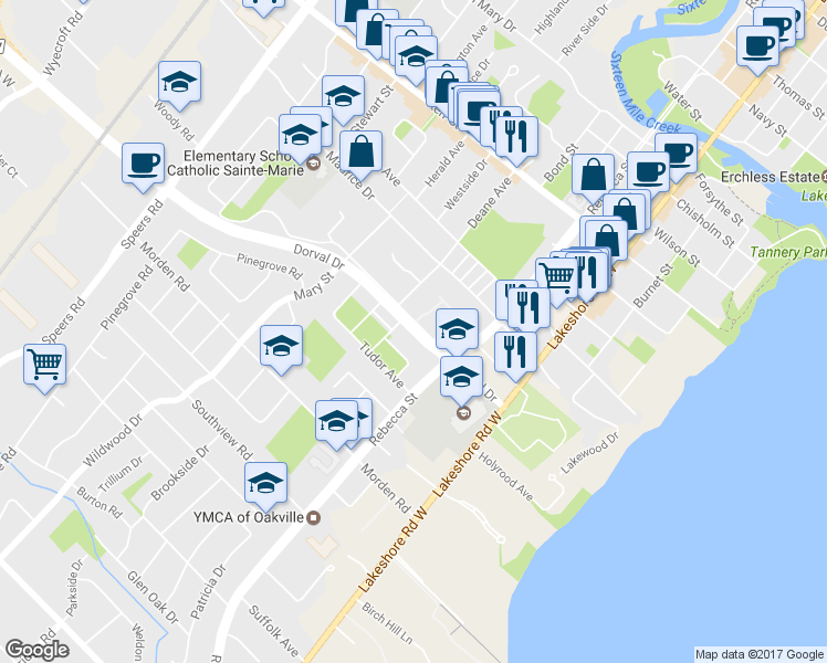 map of restaurants, bars, coffee shops, grocery stores, and more near 190 Dorval Drive in Oakville