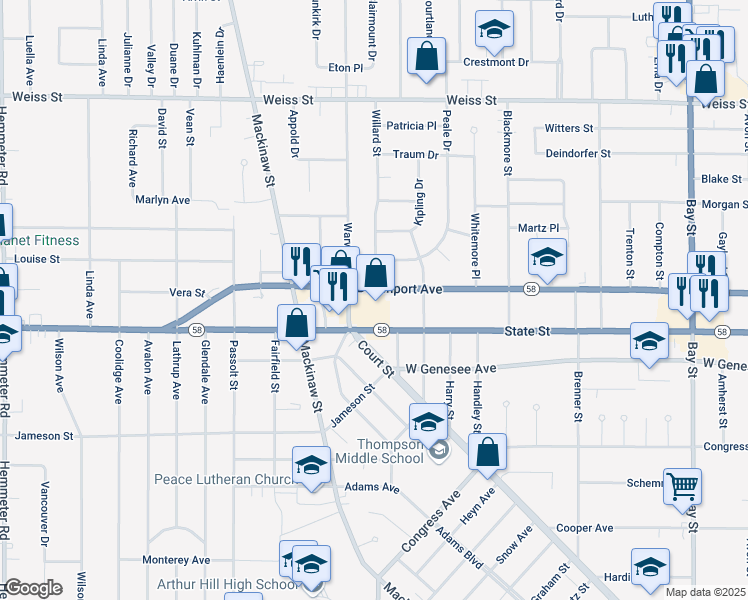 map of restaurants, bars, coffee shops, grocery stores, and more near 3430 State Street in Saginaw