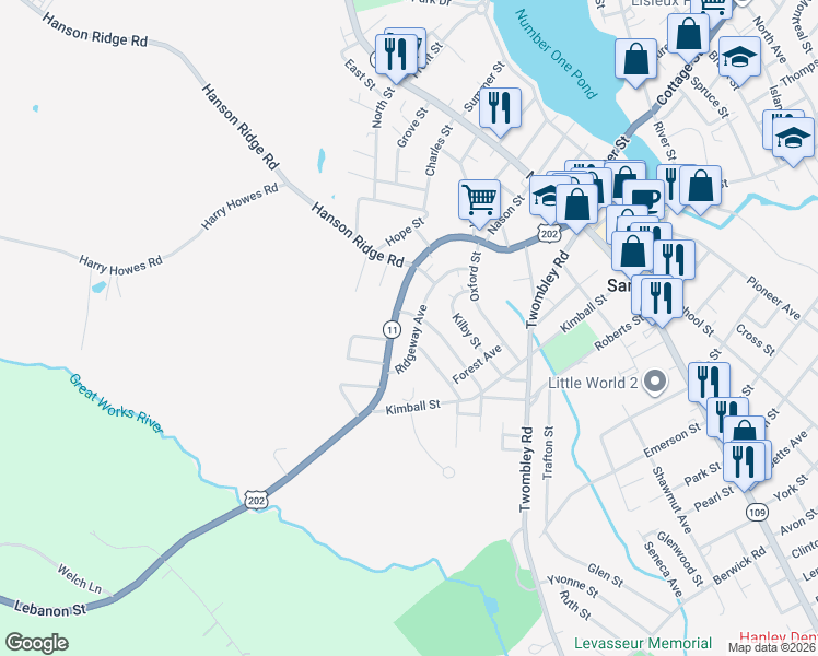 map of restaurants, bars, coffee shops, grocery stores, and more near 6 Freemont Street in Sanford