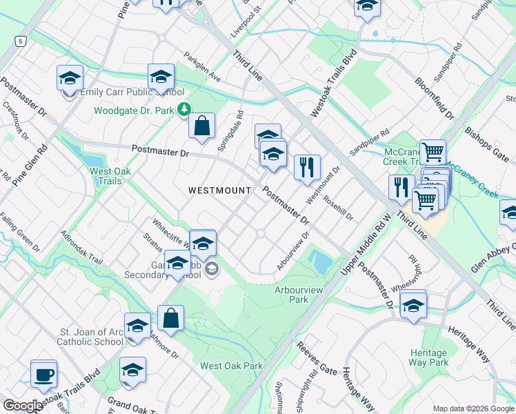 map of restaurants, bars, coffee shops, grocery stores, and more near 2143 Peachtree Lane in Oakville