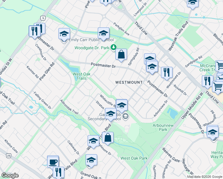 map of restaurants, bars, coffee shops, grocery stores, and more near 2353 Woodcrest Drive in Oakville