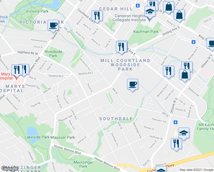 map of restaurants, bars, coffee shops, grocery stores, and more near 393 Stirling Avenue South in Kitchener