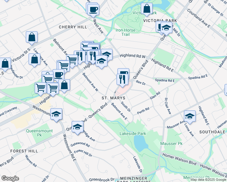 map of restaurants, bars, coffee shops, grocery stores, and more near in Kitchener