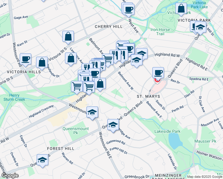 map of restaurants, bars, coffee shops, grocery stores, and more near 67 Admiral Road in Kitchener