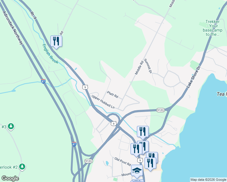 map of restaurants, bars, coffee shops, grocery stores, and more near 27 Platt Road in Lake George