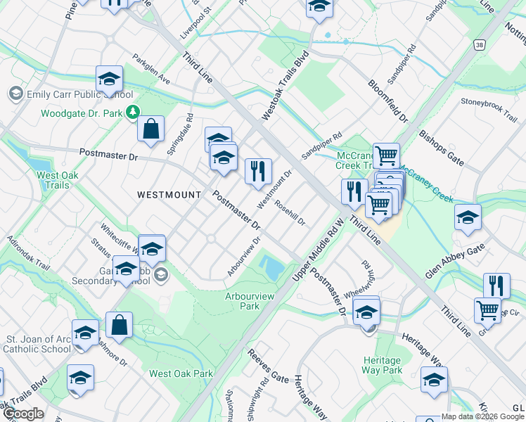 map of restaurants, bars, coffee shops, grocery stores, and more near 2062 Westmount Drive in Oakville