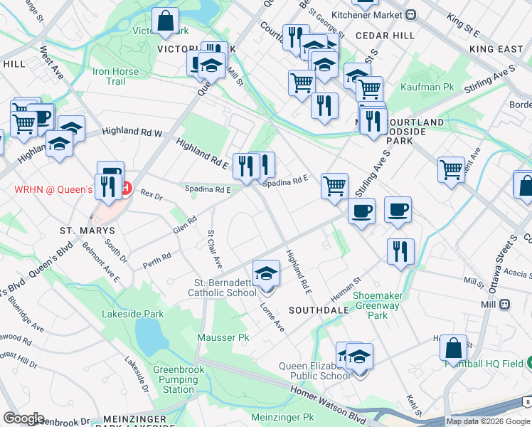 map of restaurants, bars, coffee shops, grocery stores, and more near 43 Lorne Crescent in Kitchener