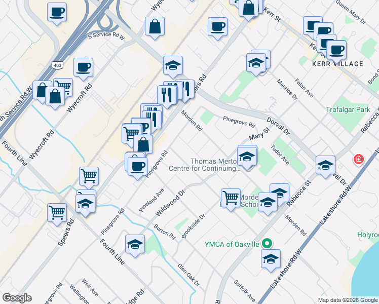 map of restaurants, bars, coffee shops, grocery stores, and more near 368 Weighton Drive in Oakville