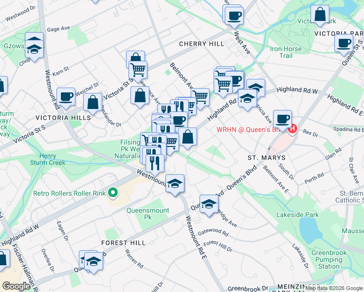 map of restaurants, bars, coffee shops, grocery stores, and more near 367 Highland Road West in Kitchener