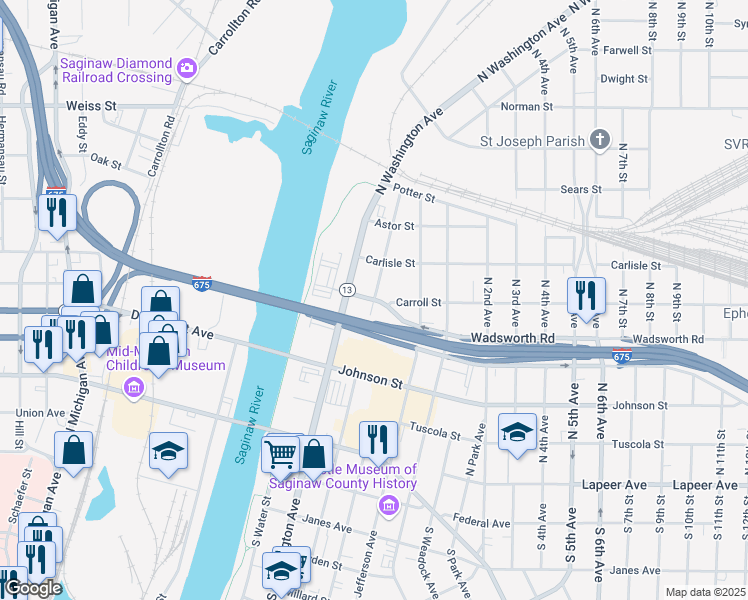 map of restaurants, bars, coffee shops, grocery stores, and more near North Franklin Street in Saginaw
