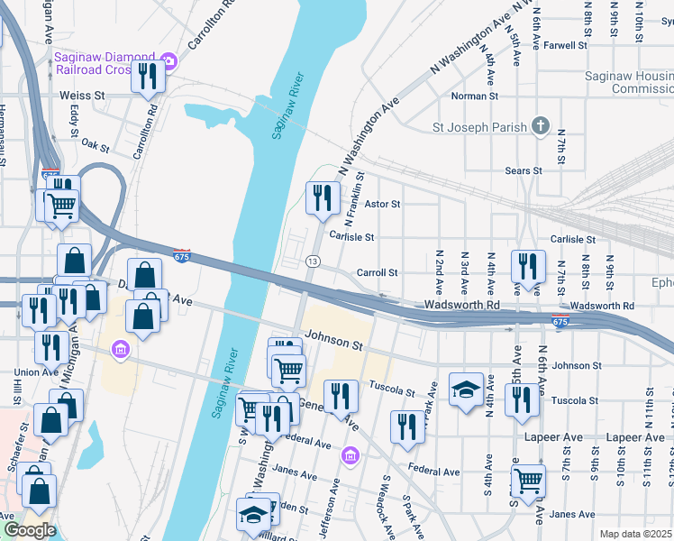 map of restaurants, bars, coffee shops, grocery stores, and more near North Franklin Street in Saginaw