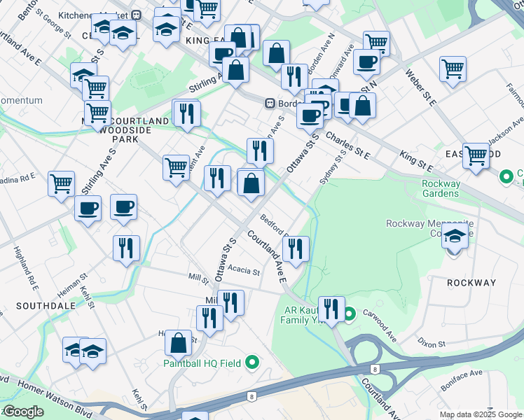 map of restaurants, bars, coffee shops, grocery stores, and more near 161 Ottawa Street South in Kitchener