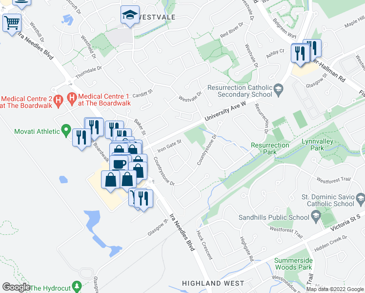 map of restaurants, bars, coffee shops, grocery stores, and more near 102 Iron Gate Street in Kitchener