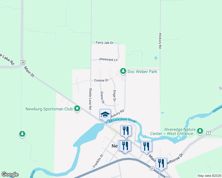 map of restaurants, bars, coffee shops, grocery stores, and more near 6808 Diane Drive in West Bend