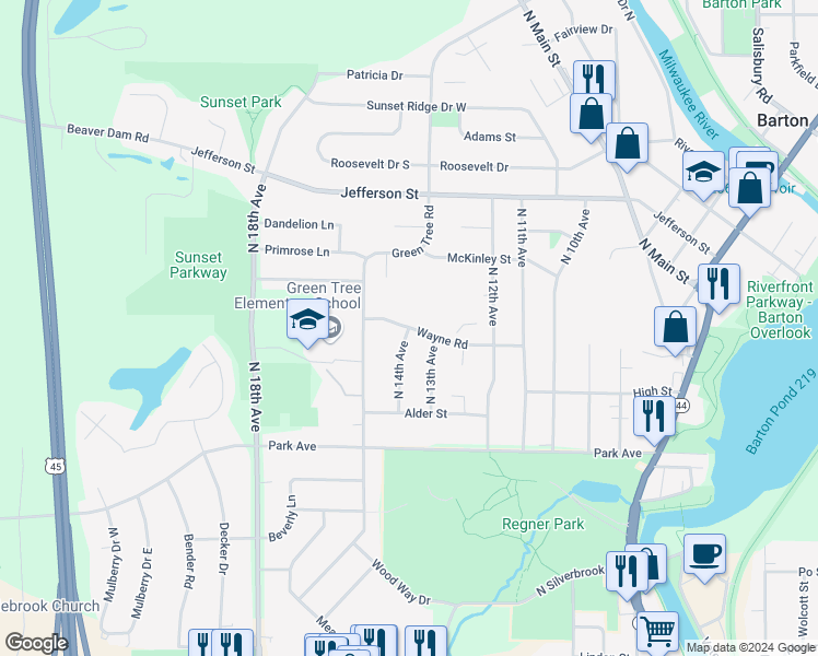 map of restaurants, bars, coffee shops, grocery stores, and more near 1340 Wayne Road in West Bend