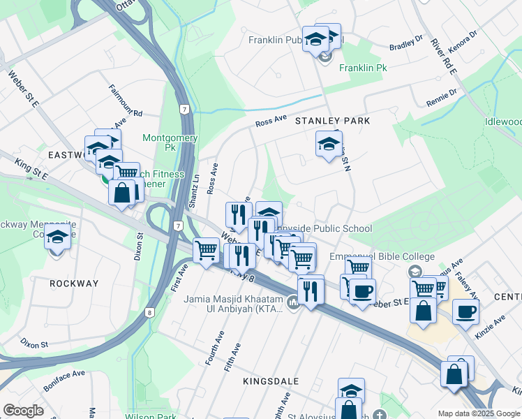 map of restaurants, bars, coffee shops, grocery stores, and more near 374 Prospect Avenue in Kitchener