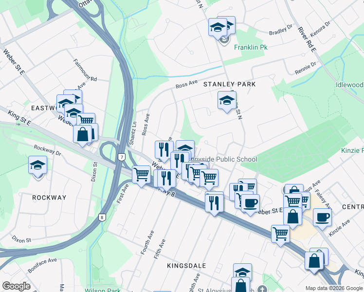 map of restaurants, bars, coffee shops, grocery stores, and more near 374 Prospect Avenue in Kitchener