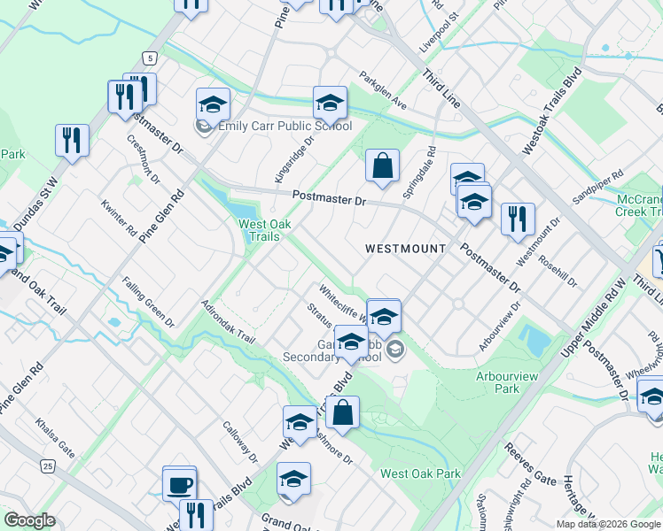 map of restaurants, bars, coffee shops, grocery stores, and more near 2380 Woodcrest Drive in Oakville