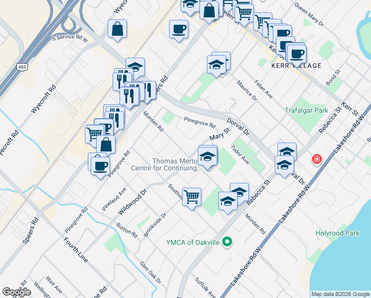 map of restaurants, bars, coffee shops, grocery stores, and more near 321 Morden Road in Oakville