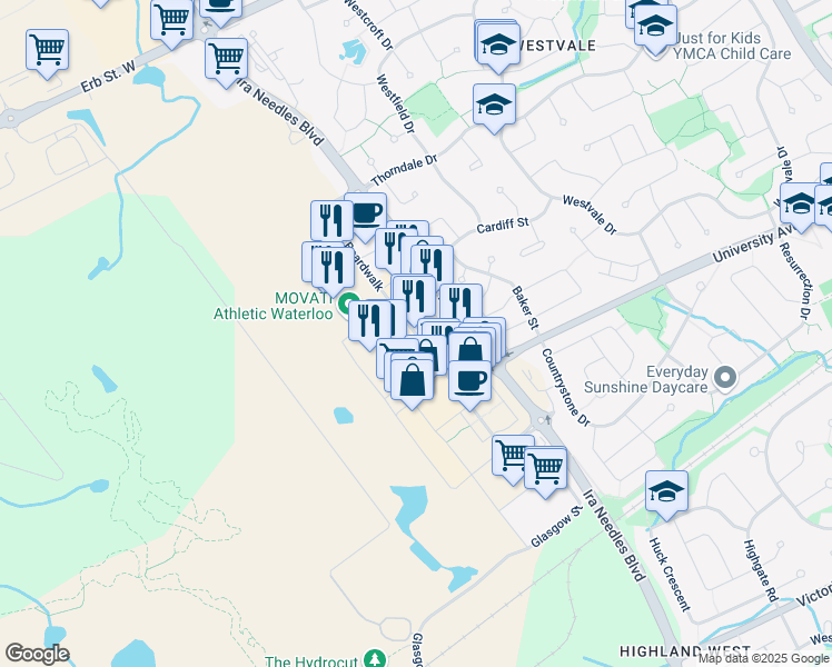 map of restaurants, bars, coffee shops, grocery stores, and more near The Boardwalk in Waterloo
