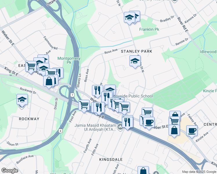 map of restaurants, bars, coffee shops, grocery stores, and more near 374 Prospect Avenue in Kitchener