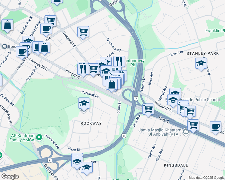 map of restaurants, bars, coffee shops, grocery stores, and more near 801 Weber Street East in Kitchener