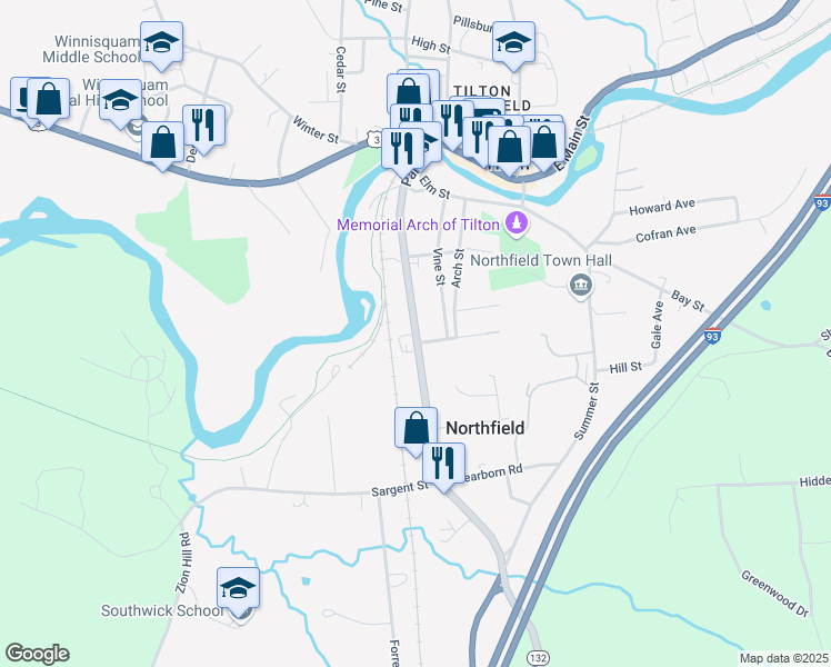 map of restaurants, bars, coffee shops, grocery stores, and more near Park Street in Northfield