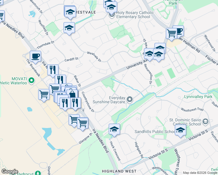 map of restaurants, bars, coffee shops, grocery stores, and more near 1180 Countrystone Drive in Kitchener