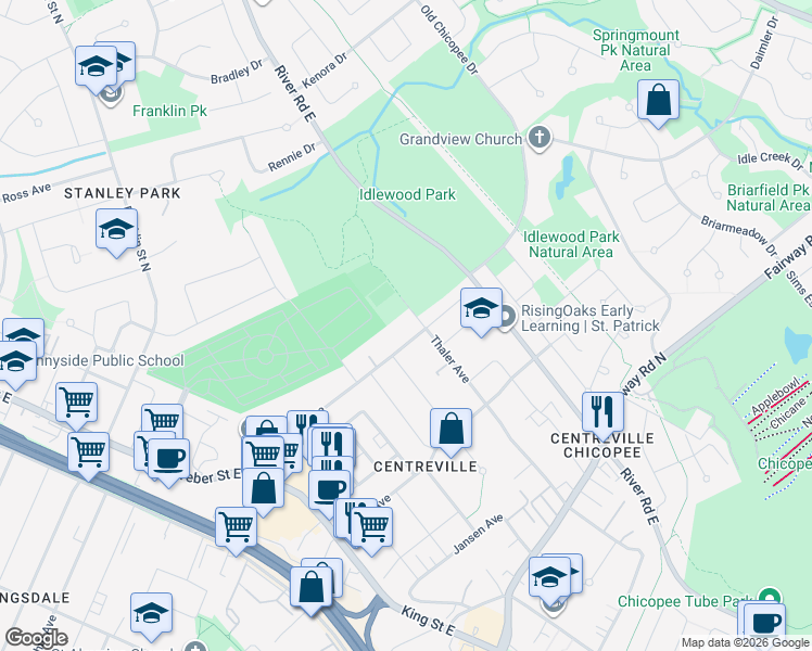map of restaurants, bars, coffee shops, grocery stores, and more near 5 Thaler Avenue in Kitchener