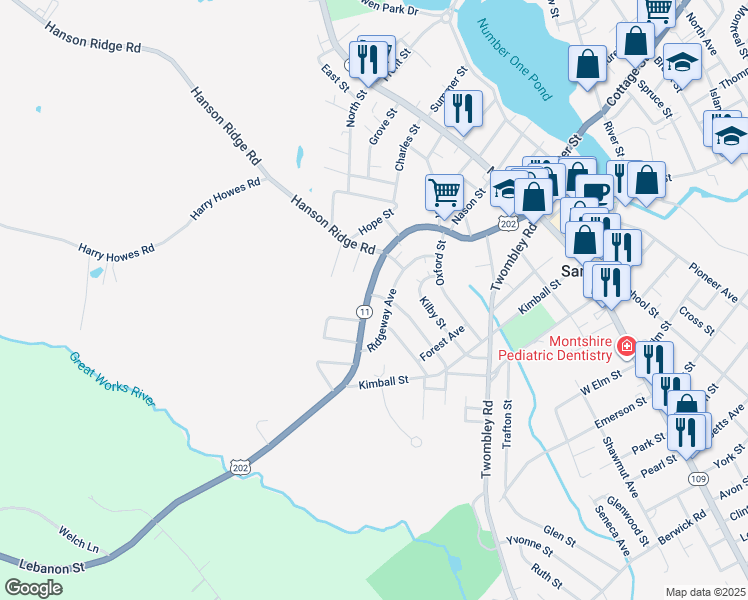 map of restaurants, bars, coffee shops, grocery stores, and more near 12 Miller Street in Sanford