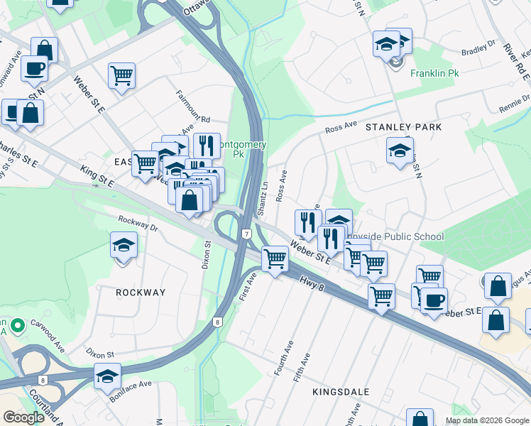 map of restaurants, bars, coffee shops, grocery stores, and more near 261 Prospect Avenue in Kitchener