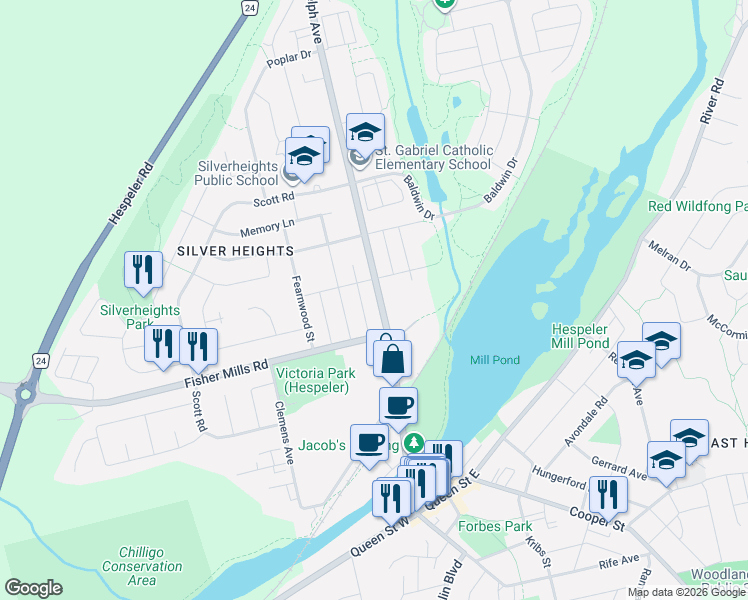 map of restaurants, bars, coffee shops, grocery stores, and more near 196 Guelph Avenue in Cambridge