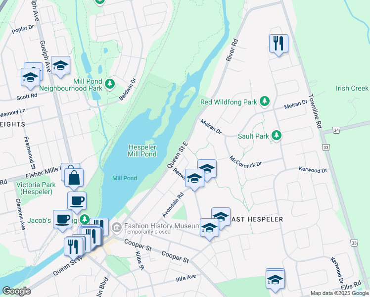 map of restaurants, bars, coffee shops, grocery stores, and more near 276 Queen Street East in Cambridge