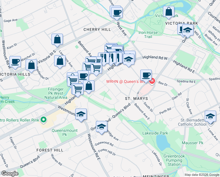map of restaurants, bars, coffee shops, grocery stores, and more near 103 Belmont Avenue West in Kitchener